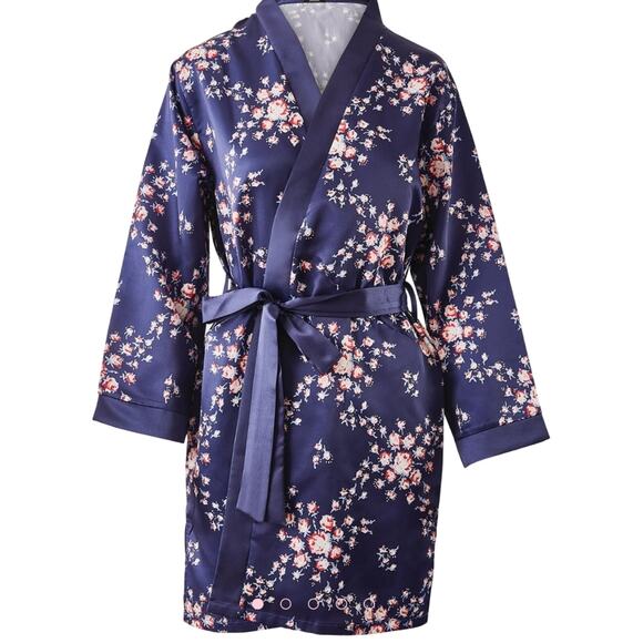 Morgan Lane Navy Pink Floral Satin Tie Close Silky Lounge Allie Robe Size Small - Picture 1 of 10